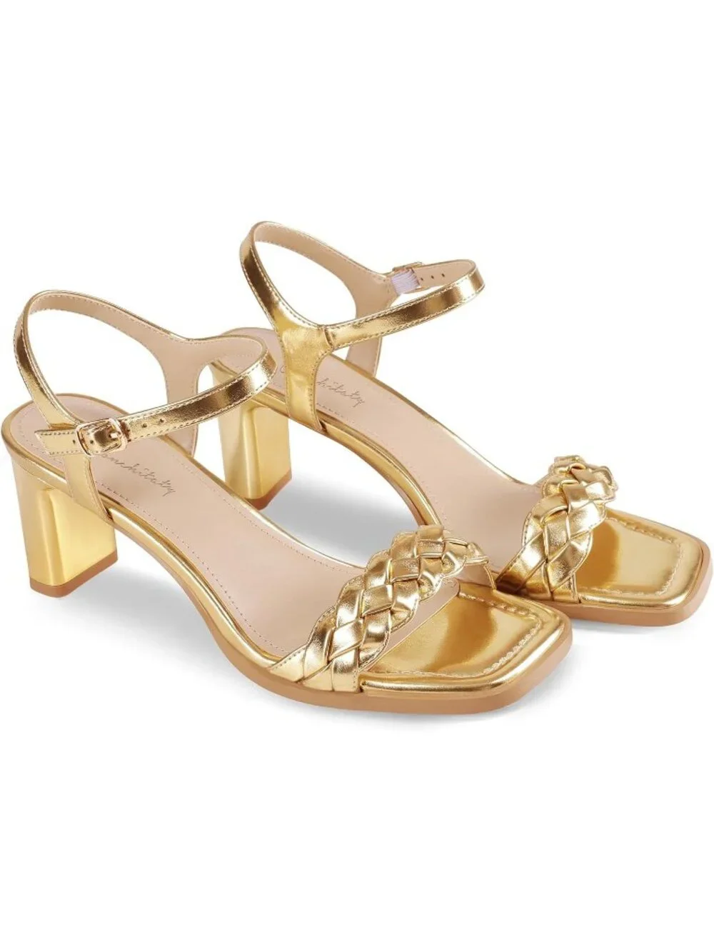 Women’s Gold Strappy Chunky Block Heel Square Toe Adjustable Ankle Strap Sandal